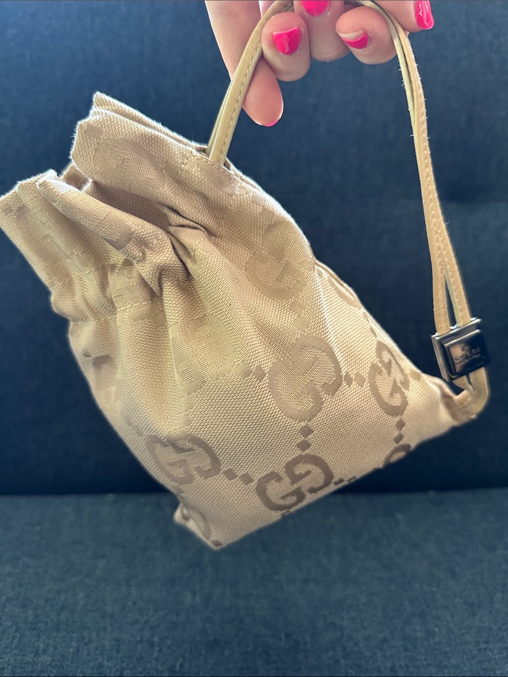 Gucci Monogram Beige Drawstring Pouch - leather strap silver hardware AUTH